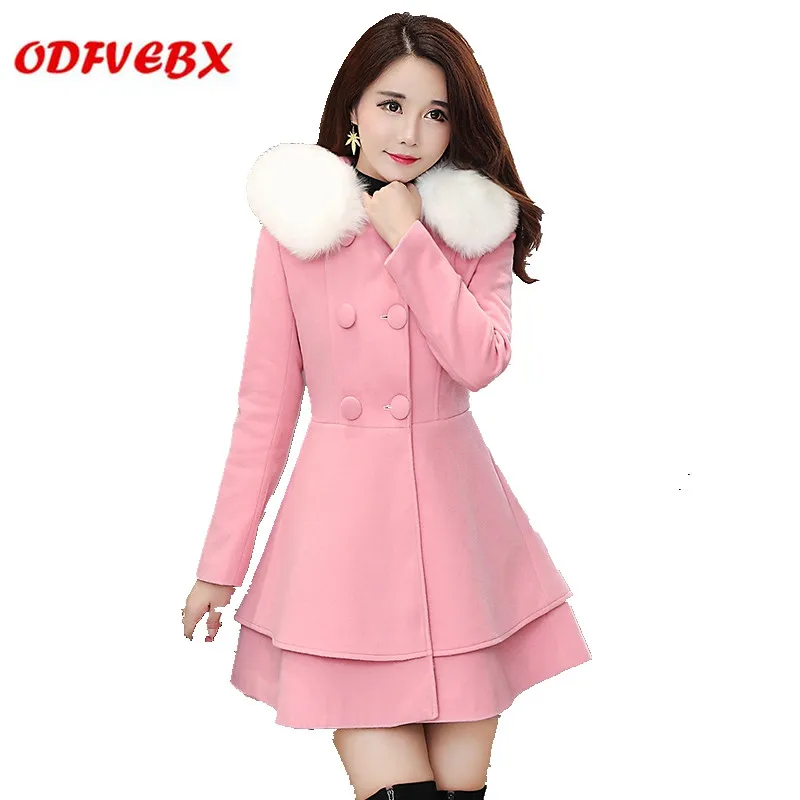 

2019 new autumn winter woolen coats women waist medium long Hooded fur collar Jacket girls slim small fragrance woolen coat fema