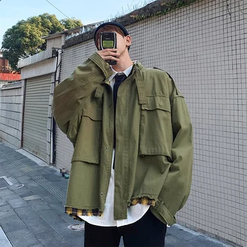 

2018 Spring Men's Work Cargo Clothes Streetwear Brand Bomber Jackets Loose High-quality Coat Black/green Color Windbreaker M-XL