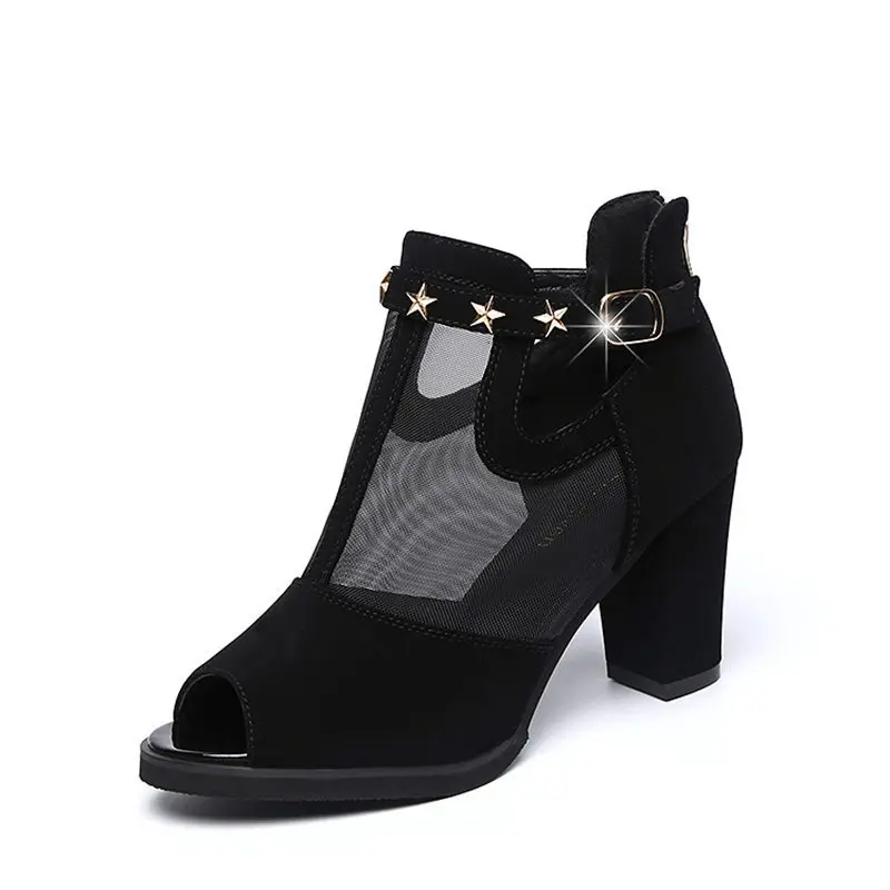 

Women Pumps High Thick Black Heels Ladies Shoes Rivet Mesh Zipper Open Toe Casual Party wedding Chunky Party Dress Sandal