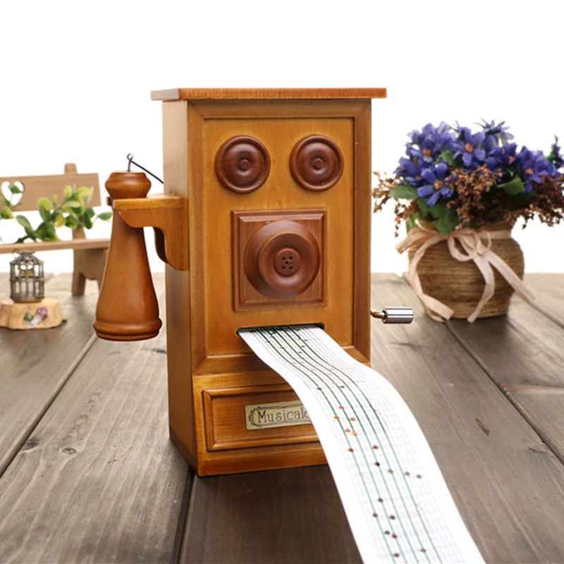 Wooden Music Box Vintage Simulation Old Telephone Music Box For Christmas Gifts Muzik Kutusu