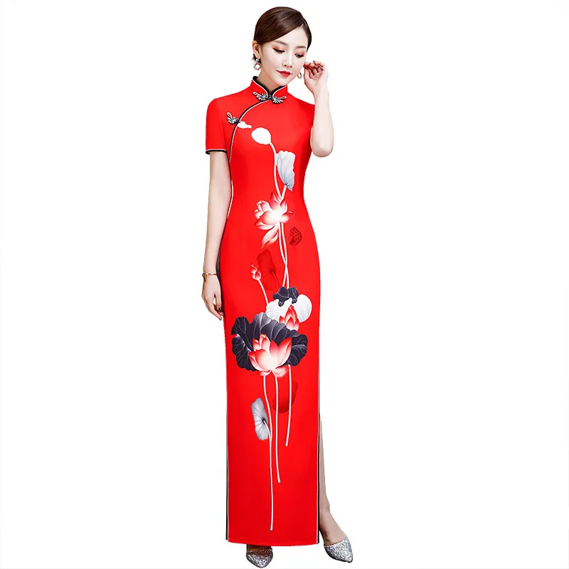 

Red Lotus Plus Size 5XL Chinese Vintage Printed Lady Qipao Fashion Handmade Button Cheongsam Novelty Chinese Formal Dress