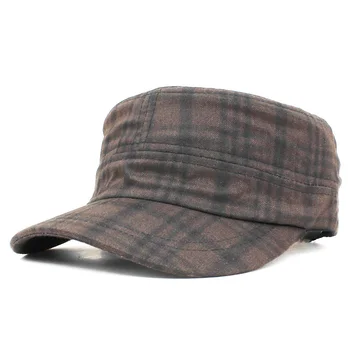 

Classic Vintage Men Military Hat Adult Fashion Autumn Winter High Quality Warm Plaid Adjustable Flat Top Cap For Women AD107