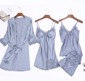 

RenYvtil Pajamas Woman Four Pieces Set Silk Sexy Summer Bathrobe+nightdress+short tops+shorts pant pajamas lace satin pijamas
