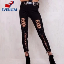EVENLIM Black lace up jeans female 2017 Middle waist sexy pants capris leggings Skinny trousers women bottom Hollow out DRT603