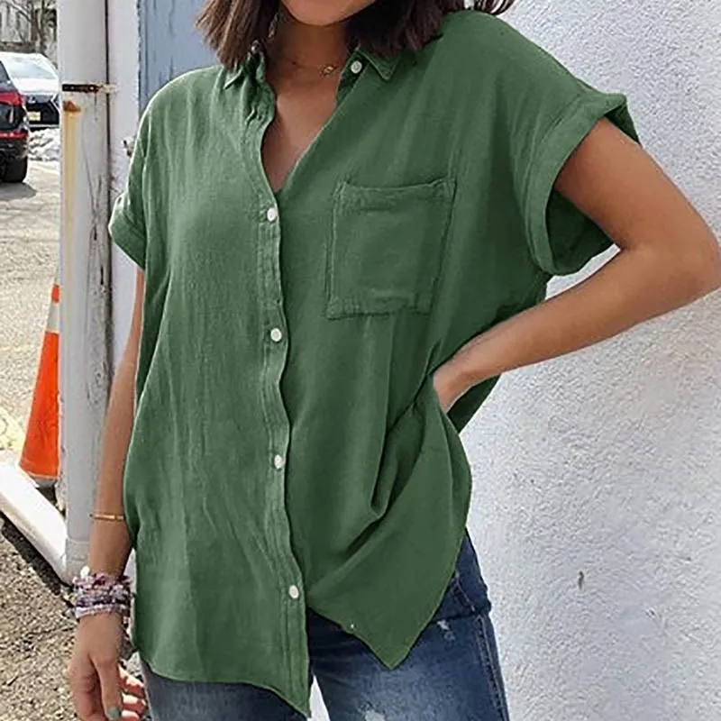 

2019 Summer Women Plus Size S-5Xl Pocket Blouse Short Sleeve Solid Loose Shirts Button Turn-Down Collar Casual Tops