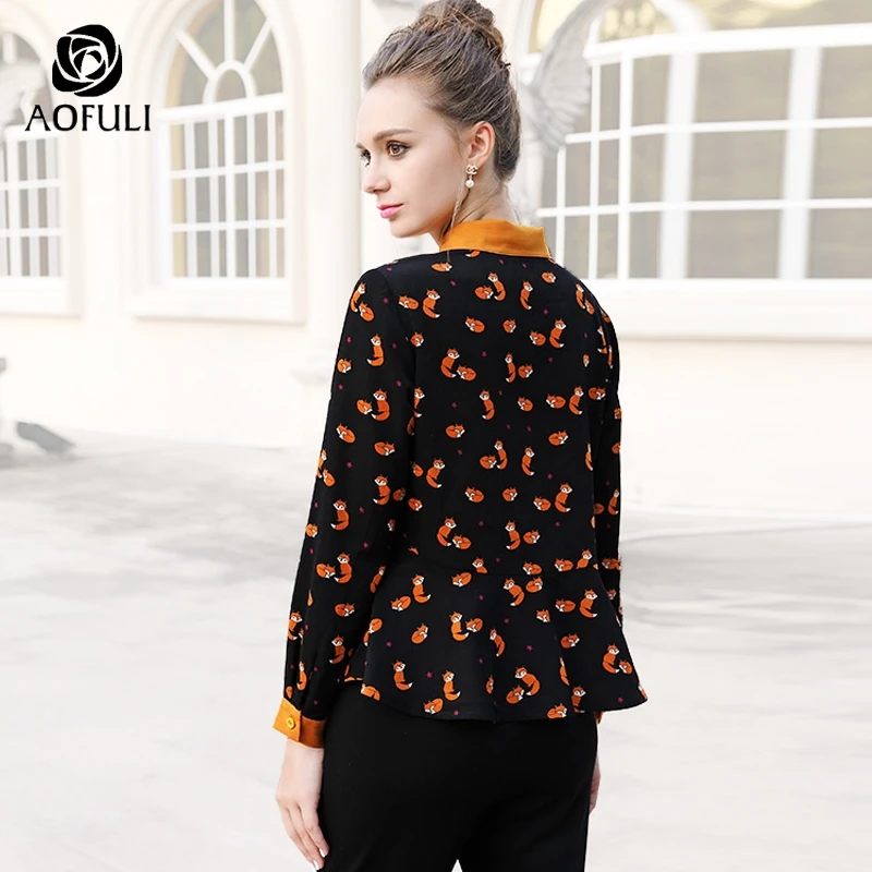 Женская рубашка AOFULI M/L/XL с длинным рукавом принтом лисы на весну и осень B6187|women
