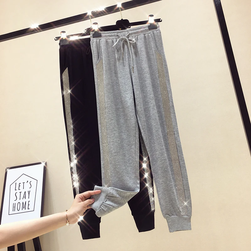 

BlingBling Ultra Long Casual Pants for Women Solid Color Elastic Waist Beam Foot Sports Pants Hot Drilling Loose Female Trousers