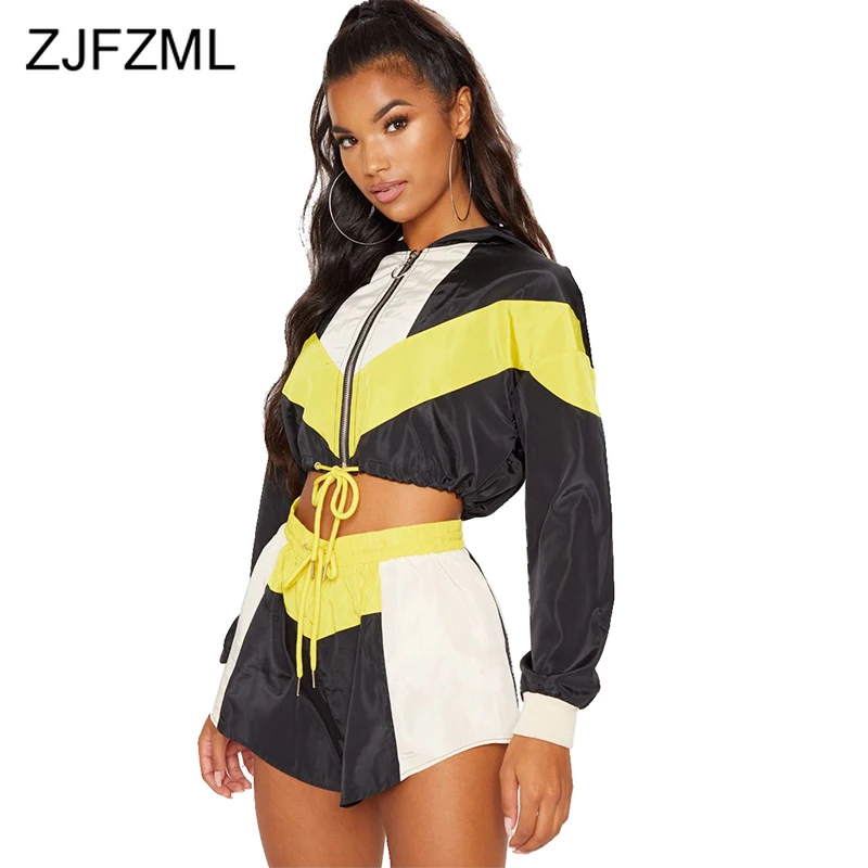 

Contrast Color Spliced Two Piece Set Women's Sport Suit Front Zipper Full Sleeve Short Trench + Bodycon Shorts Tracksuit Outfit