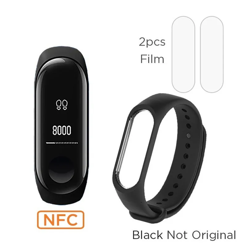 Xiaomi Mi band 3 NFC версия 0,7" OLED большой сенсорный экран новые умные браслеты браслет - Цвет: add black strap