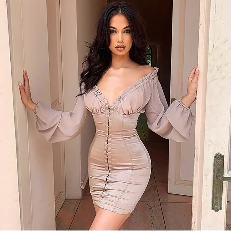 

Ruffle Elegant Dress Women Autumn 2019 Deep V Neck Full Lantern Sleeve Ladies Dresses Sexy Khaki Party Club Dresses Mini Clothes