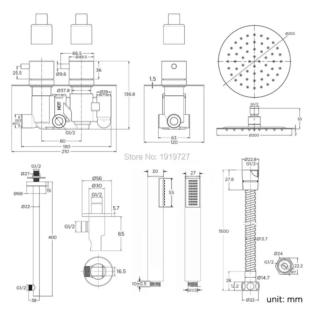  Round Style Concealed Thermostatic Mixer Valve Handheld Bathroom Product Bath Shower Set 2 Dial 2 W