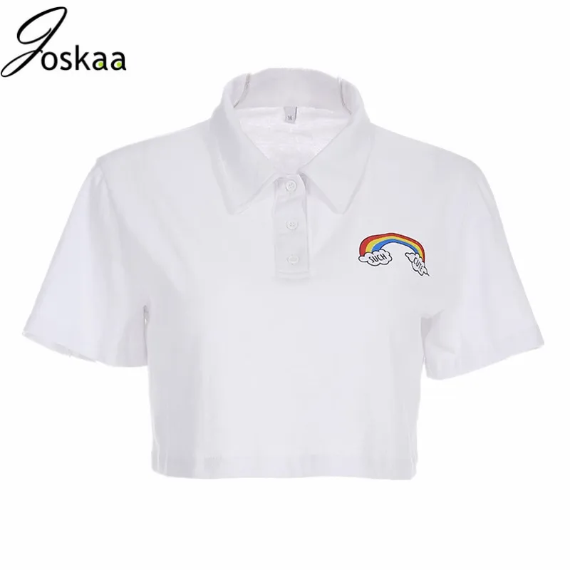 

Joskaa Cotton Fashion Cropped White T Shirt Rainbow Printed Turn-Down Collar Summer Crop Tops Tees Korean T-shirts for Women