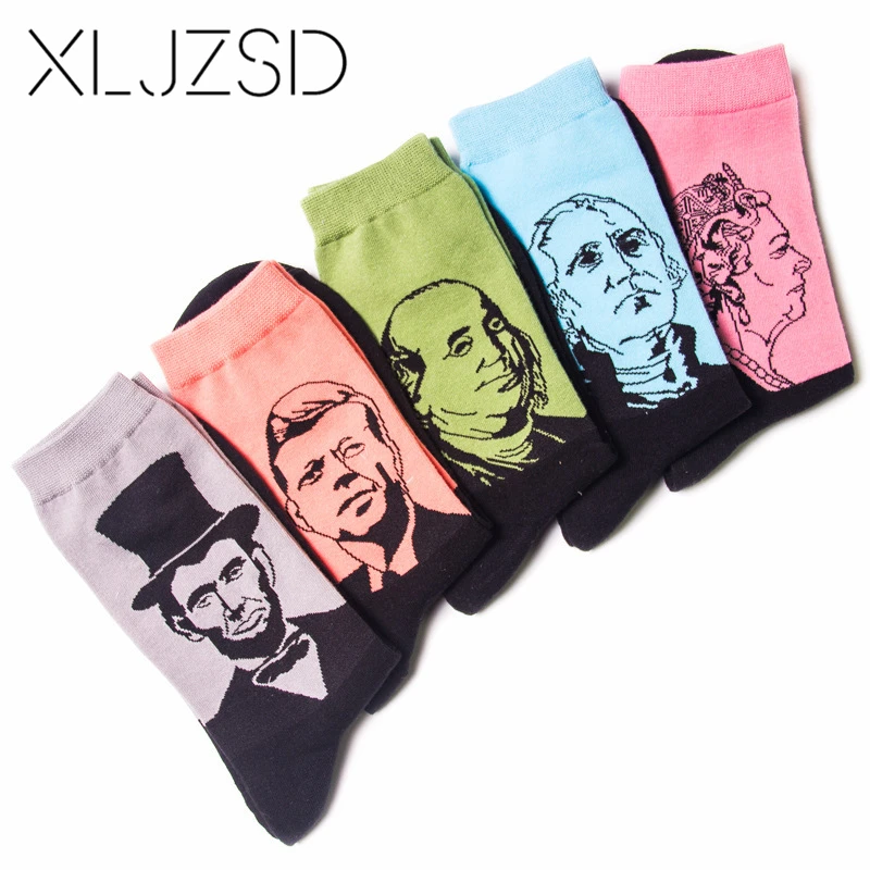 

XLJZSD 1pair 2019 New Arrival Fashion Brand Oil Painting Portrait President Elizabeth Washington Unique Cotton Men Socks XZM021