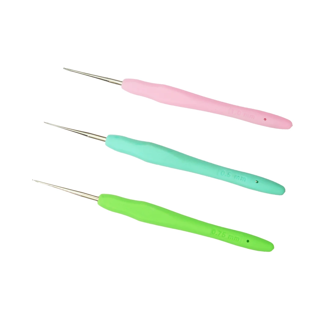 3pcs Soft Grip Handle Stainless Steel Crochet Hook Craft Knitting Yarn Needles for Sewing Arts 0.5-1mm