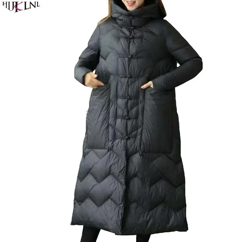 

2019 New Women Winter Down Jacket Long Solid Color Coat Causal Loose Outer Warm Chinese Style Outwear Vintage Doudoune AC186