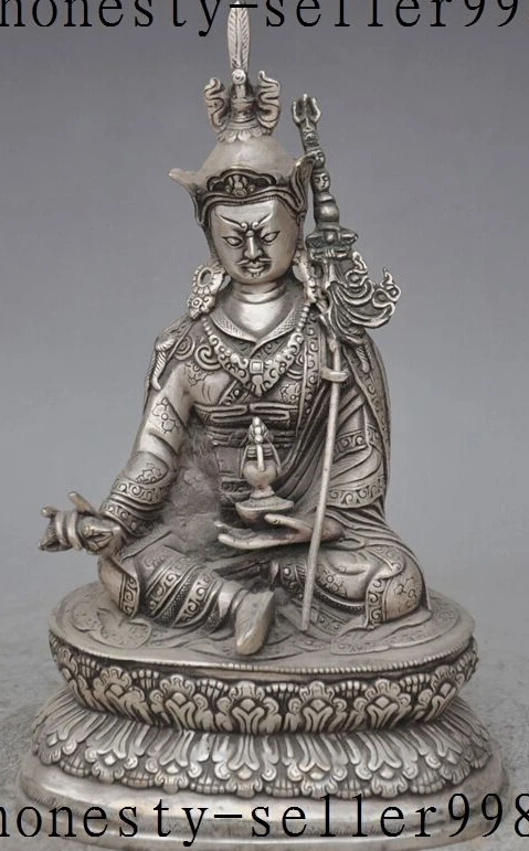 

10"Chinese buddhism fane Silver Joss Guru Rinpoche Padmasambhava buddha statue