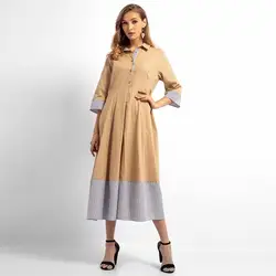 Женские мусульманские шифон с длинным рукавом Длинные винтажные наряды Макси платье в полоску лоскутное три четверти Исламская