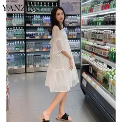 2019 Новая модная Корейская женская одежда с круглым вырезом и расклешенными рукавами вышивка из шифона и плечевой ремень Двойка платье A715