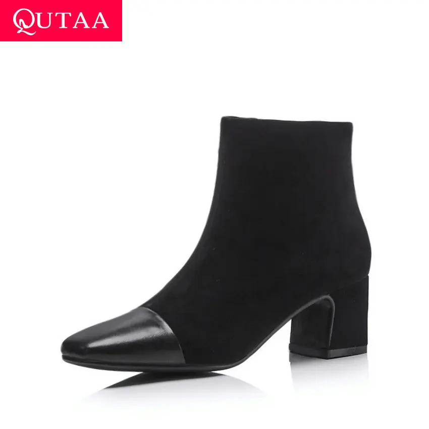 Женские короткие ботинки QUTAA зимние из коровьей кожи на квадратном каблуке с