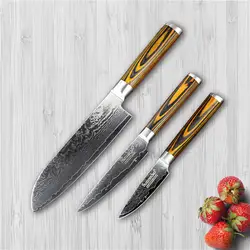 SUNNECKO 3 шт. Кухня Ножи Набор Утилита Santoku фрукты Кожура Ножи японский Дамаск Сталь Sharp Цвет деревянной ручкой режущего инструмента