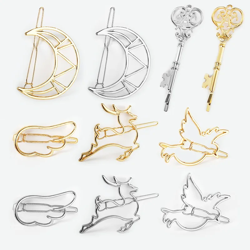 

5 Patterns Moon Key Wing Deer Bird Hollow Metallic Golden Silver Hairgrips Hair Clips and Pins for Women Headwear Accessories