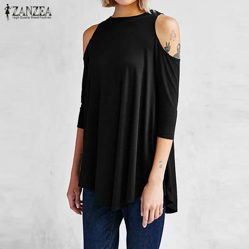 

ZANZEA Women 2019 Autumn Sexy Blusas Casual Loose O Neck Half Sleeve Long Blouses Tops Irregular Off Shoulder Solid Shirts Top