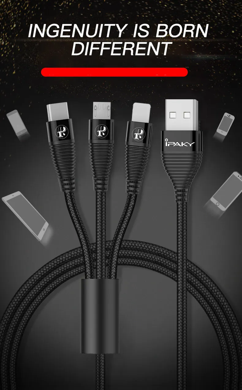 IPAKY USB кабель 3 в 1 быстрая зарядка usb-шнур синхронизации данных usb type C кабель для huawei mate 20 P30 для iPhone samsung Xiaomi