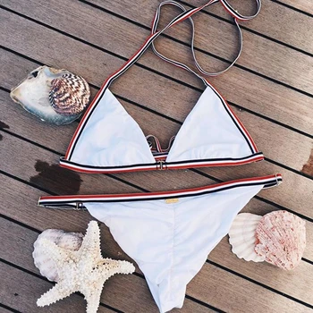 

2018 Women White Halter Bikini Sets Bandage Push-up Padded Bra Beachsuit Thong Swimwear Lingerie