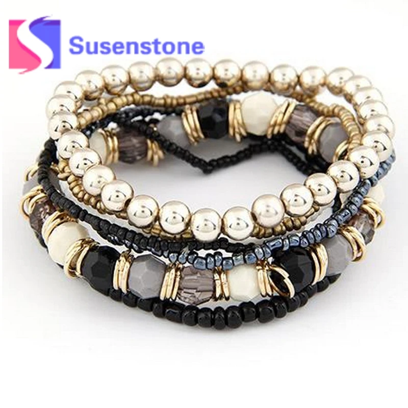

7Pcs/Sets Women's Fashion Jewelry Bangles Sets Boho Multicolor Multilayer Acrylic Beads Beach Elastic Bracelets Wholesale Gifts