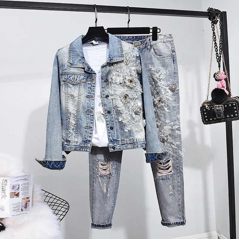 

Spring and Autumn New Women Suit Set Beaded Embroidery Denim Suit Two-piece Set Denim jacket and Shredded Jeans Women Set