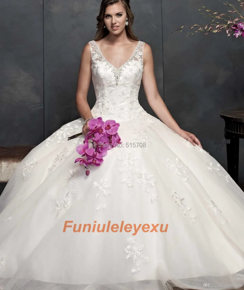 

Beautiful Princess Ball Gown V Neck Sleeveless Floor Length Applique Beading Organza Wedding Dresses Court Train Bridal Gown