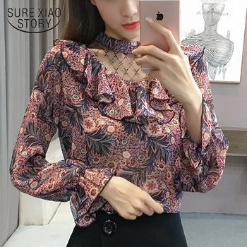 

2018 new spring long sleeved blouses chiffon shirts sweet lady fashion print casual patchwork women tops female shirts D618 30