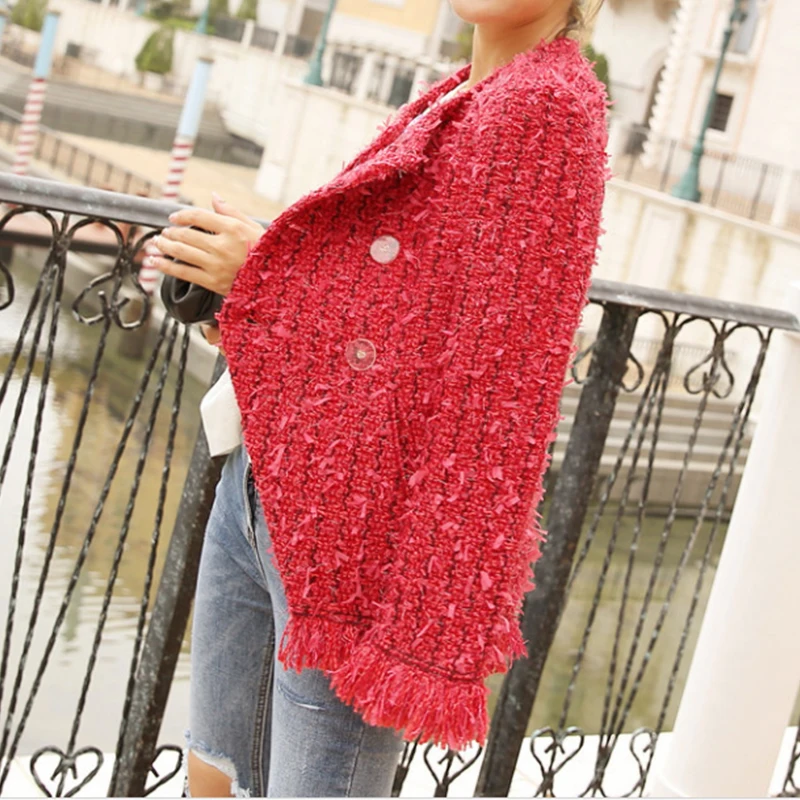 price cut  New women's spring red fringed tweed - breasted jacket female coat