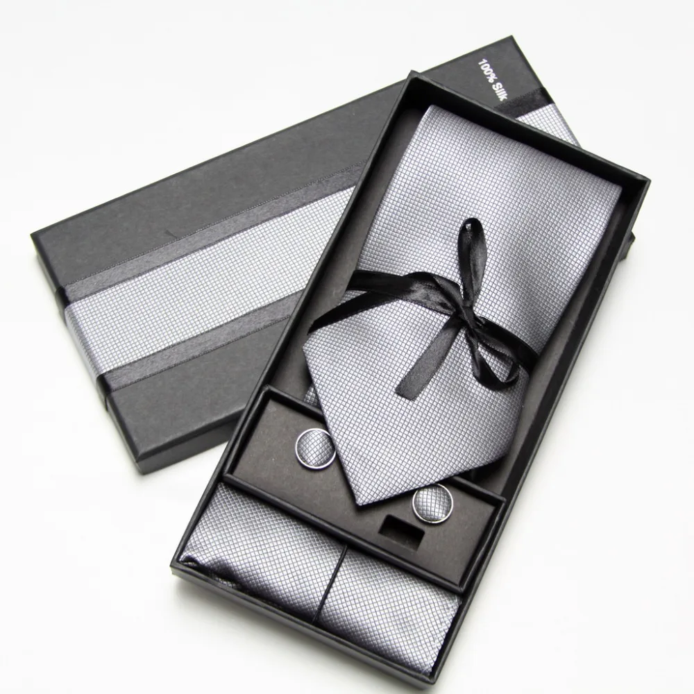  2019 Fashion Wide Tie Sets Men's Neck Tie Hankerchiefs Cufflinks 10 colours Box gift polyester hand