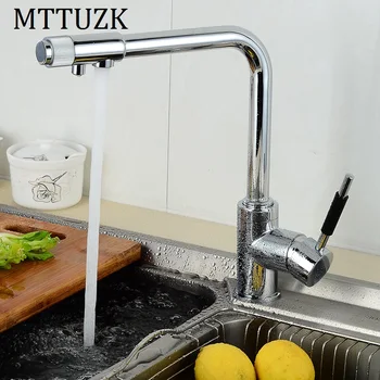 

MTTUZK Contemporary Polished Chrome Brass Kitchen Faucet Dual Handel Vessel Mixer Tap Pure Water Faucet Hot&Cold mixer Tap 3 Way