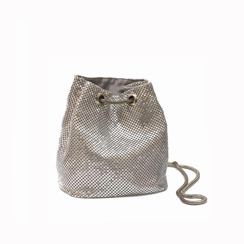 NEW arrived Women Silver chain Messenger bags Shiny Drawstring bucket ...