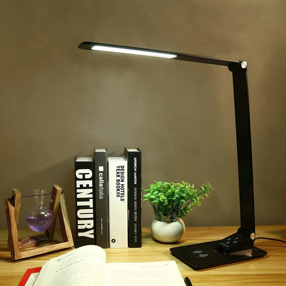 LED Desk Lamp with USB Port,Premium Metal Office Light with Wireless Charger,3 Lighting Modes,5 Brightness Levels,7W,Black