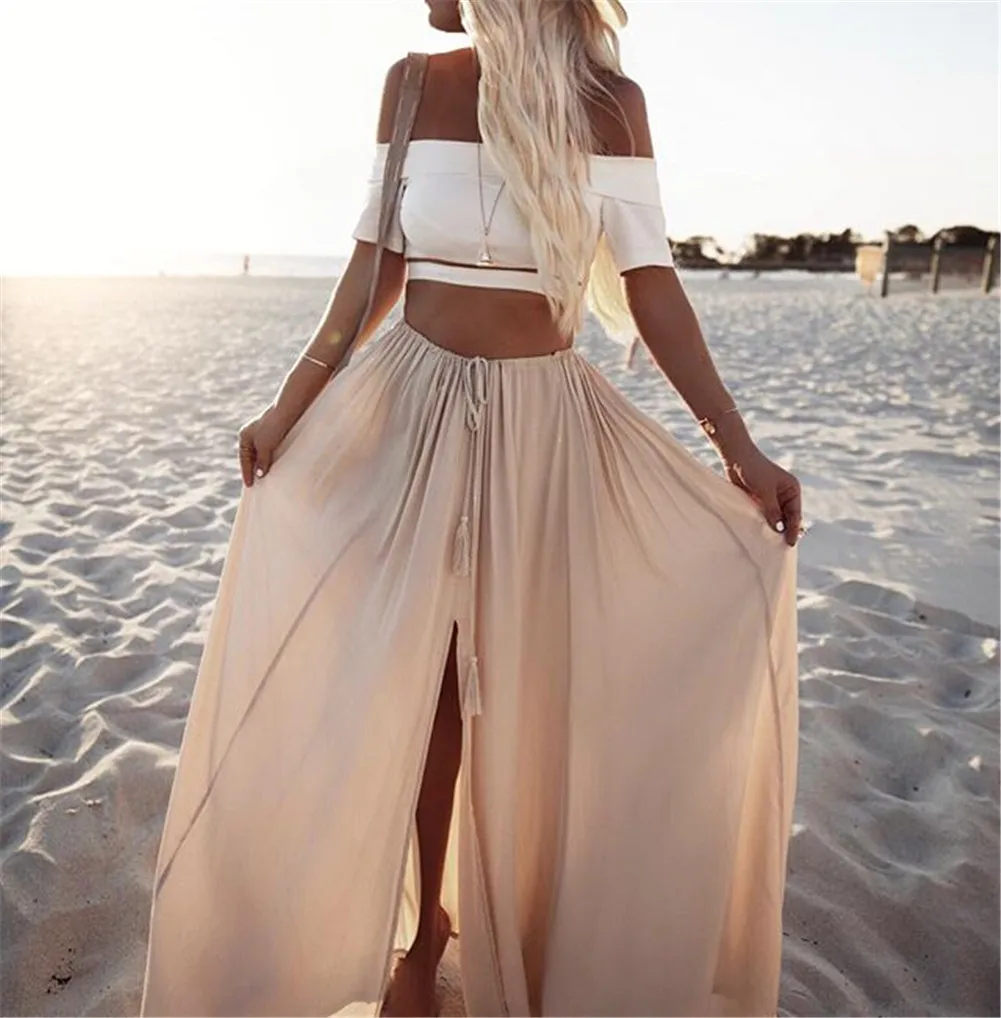 Женская Повседневная шифоновая одноцветная юбка в стиле бохо, лето, цыганская длинная юбка макси с разрезом, праздничный пляжный элегантный сарафан