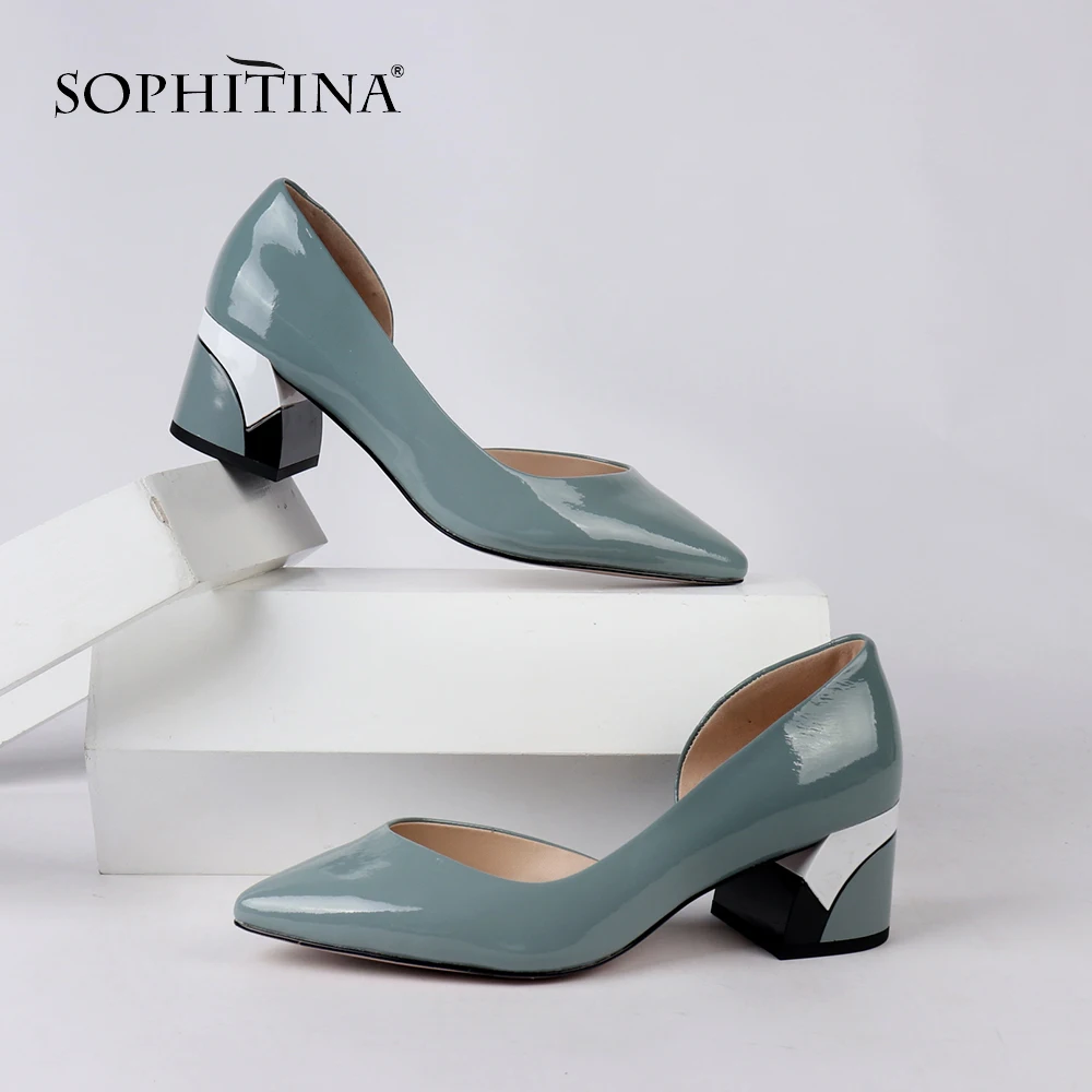 SOPHITINA/модные разноцветные туфли-лодочки; удобные туфли из лакированной кожи высокого качества на квадратном каблуке; пикантные новые туфли-лодочки с острым носком; PC163