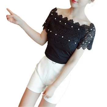 

Women Lace White Blouse Patchwork Blouse Shirt Casual Off Shoulder Top Sexy Short Sleeve Ladies Summer Hollow Elegant Blouses 8