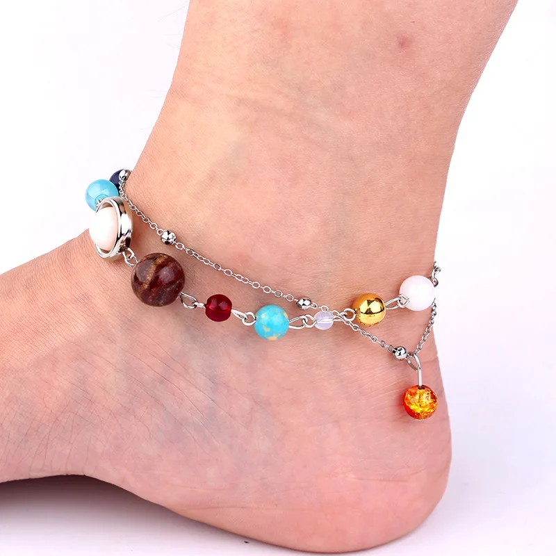 

Two Colors Gold And Silver Eight Planet Bracelets Rice Beads Double Layered Anklet Cross Neck Chain Gift For Your Lover7C2206