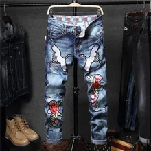 Высококачественные мужские джинсы с вышивкой, синие узкие джинсы