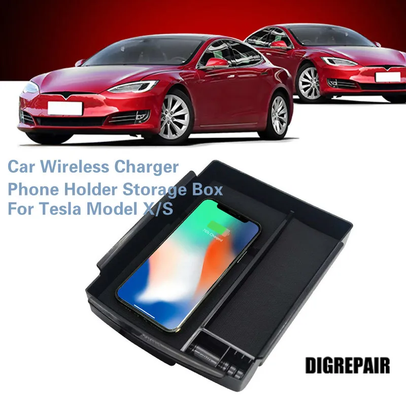 Us 1109 27 Offcar Qi Wireless Charger Phone Holder Storage Box Tray For Iphone Samsung Console Tray Armrest Storage Box For Tesla Model Xs In