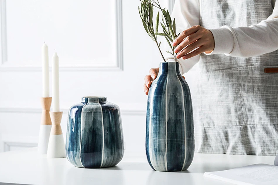 Европейский 1 шт. Блюз керамическая ваза минималистичный гидропонный контейнер для сушеных цветов Высокое качество ручной работы цветочные вазы для дома свадьбы деко
