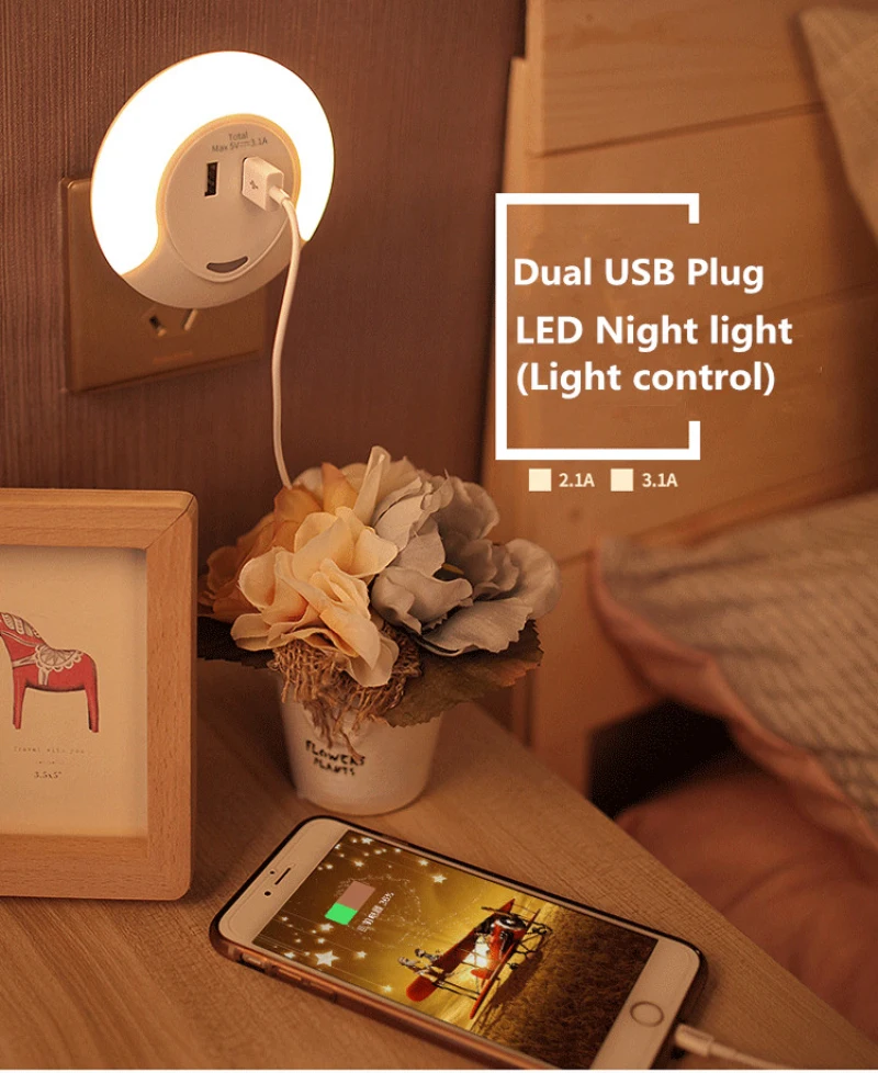 

Originality Novelty Light Control Sensor LED Small Night Light Dual USB Plug In USB Charger 110V 220V Night Lamp of Bedside Lamp