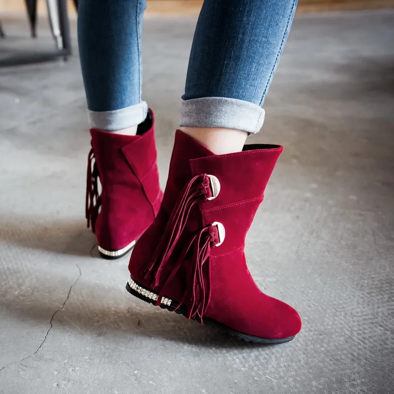 

2018 Women Snow Boots Winter Autumn Suede Mid Calf Fringe Flats High Slip On Boots Female Ladies Dress Red Tan Black Short Shoes