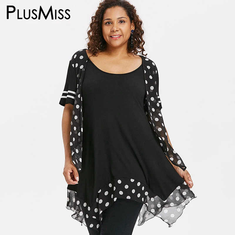 Cena PlusMiss Plus Size 5XL XXXXL XXXL Polka Dot Szyfonowa Długa Topy Panie Kr oacute;tki Rękaw Luźne Bluzki Damskie Ubrania Duży Rozmiar lato