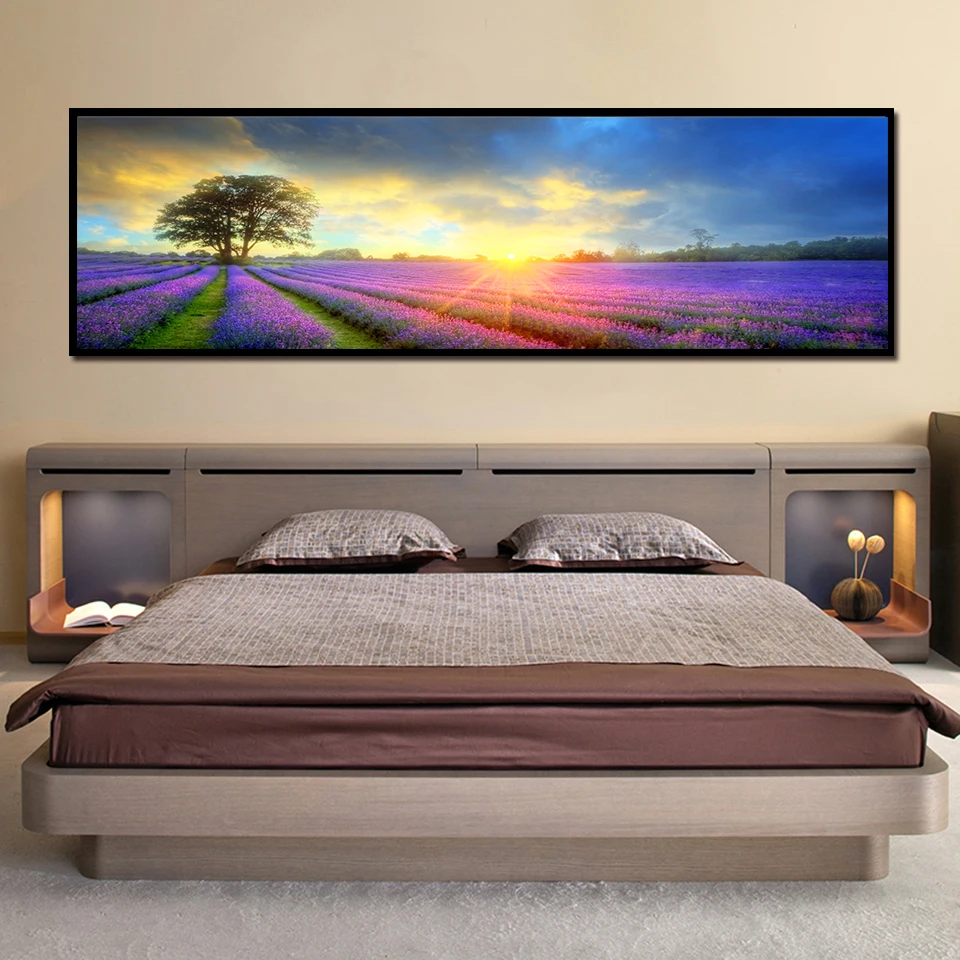 

Home Decor Canvas HD Print Picture Wall Artwork Painting Tree Lavender Flower Sea Sunset View Modular Poster Bedside Background