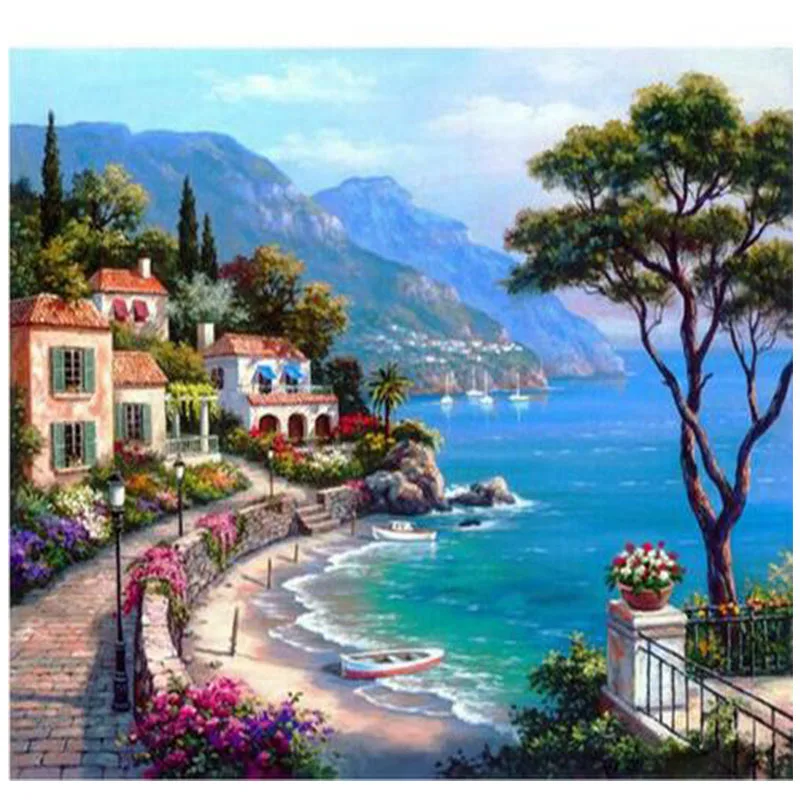 

Diamond mosaic full diamond embroidery beads Beautiful Seaside Town Trees diamond cross stitch Square diamond unfinished kits