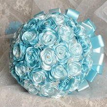 Атласная риббо Роза Свадебные букеты ручной работы Потрясающие Свадебные цветы светильник синий подружка невесты Искусственные Розы Круглый Свадебный букет